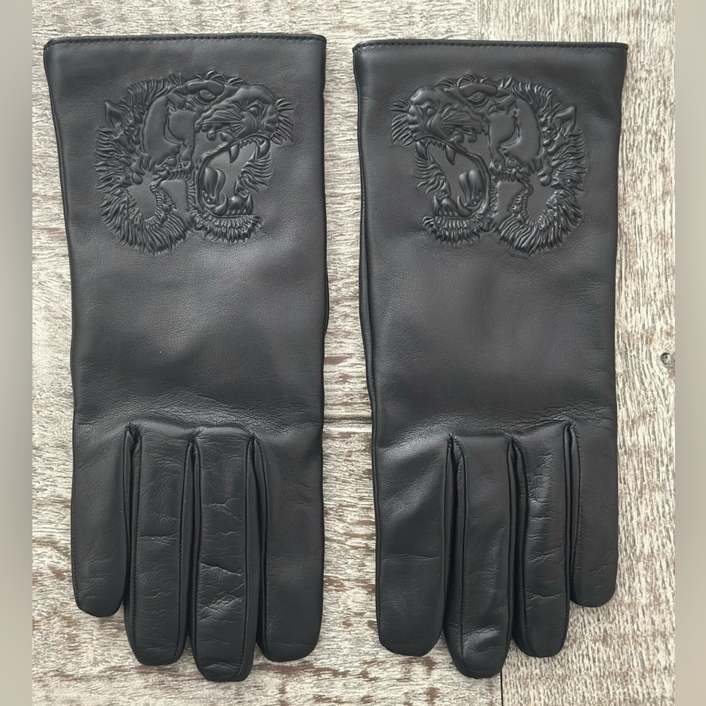 Tiger Embossed Gucci Nappa Leather Black Gloves 8.5